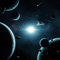 Fototapeta premium Space scene, multiple planets, celestial bodies, cosmic view, ethereal glow, blue hues, dark starry background, orbital alignment, planetary rings, atmospheric effects, celestial light, deep space, ce