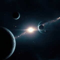 Space scene, multiple planets, celestial bodies, cosmic view, ethereal glow, blue hues, dark starry background, orbital alignment, planetary rings, atmospheric effects, celestial light, deep space, ce