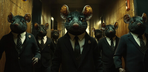 A group of mice wearing formal suits and ties confidently walks down a narrow hallway adorned with wooden panels, creating an intriguing contrast between their appearance and the setting.