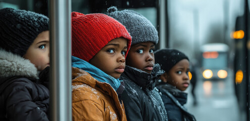 Four children sit together at a bus stop on a chilly, rainy day, wearing colorful winter hats and coats. They look around curiously as they wait for their ride.