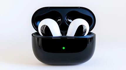 A sleek black charging case with white wireless earbuds inside, displaying a green battery indicator.
