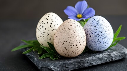 Fototapeta premium Three speckled eggs sitting on a slate plate with a blue flower