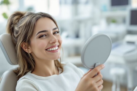 Smiling woman holding a mirror in a dental clinic, natural lighting, blurred modern background, concept of dental health and confidence