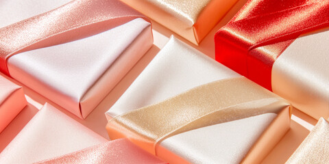 3D pastel glass glow gift box with metallic ribbon bow on lid on fashion soft pink colorful light background. elegant gift present template design for online shopping sale party with copy space