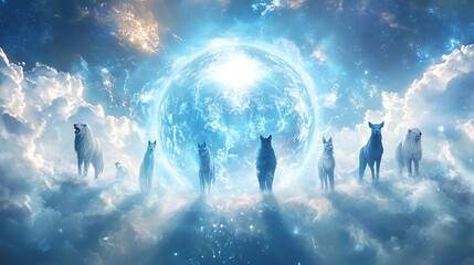 Obraz premium Mystical wolves stand on clouds before a celestial sphere.