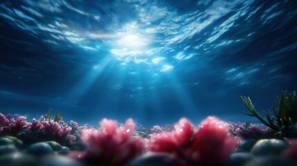 Naklejka premium An underwater scene with sunbeams shining through the water over a coral reef
