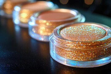 Row of small containers of gold glittery makeup