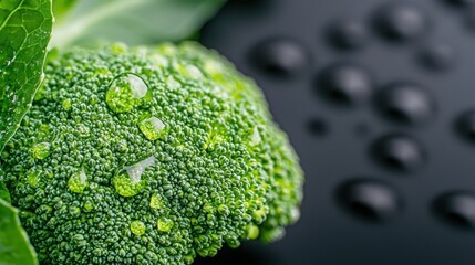 A close up of a broccoli with water droplets on it