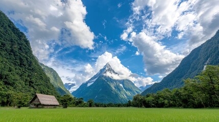 A green field with a hut in the middle of it