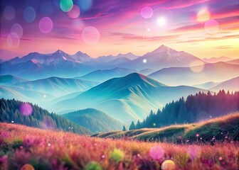 Obraz premium Surreal pastel mountains dreamily fade into a soft, bokeh-blurred fantasy landscape.