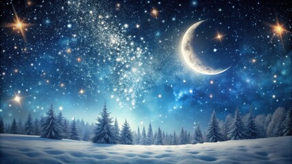 Softly falls snow from dark night sky with twinkling stars and a crescent moon, starry night sky, winter wonderland