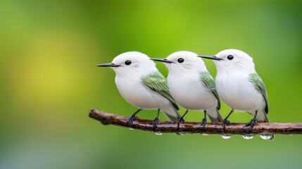 A group of three birds sitting on top of a branch