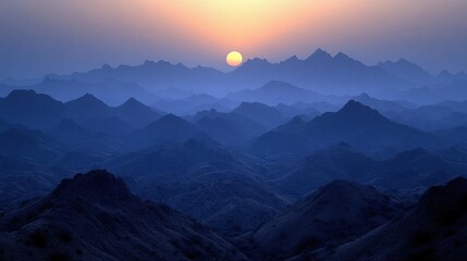 Majestic Sunset Over a Vast Mountain Range, Blue Hues and Serene Atmosphere