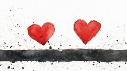 Two red hearts on a white background with black and white stripes
