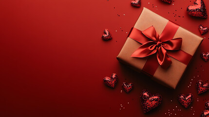 Obraz premium Valentine’s Day Gift with Red Ribbon and Glitter Hearts on Red Background