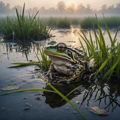 A frog camouflaged among reeds in a foggy marshland at dawn.