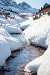 Snow-covered stream with a rocky bottom
