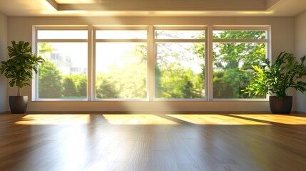 Fototapeta premium Sunlit Modern Room with Large Windows and Lush Greenery