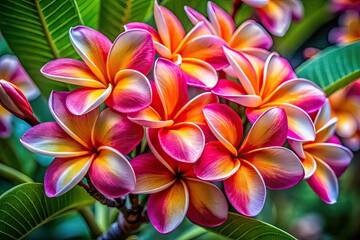 Fototapeta premium Vibrant plumeria blossoms, close-up. Tropical beauty, exotic fragrance, evokes spa relaxation and Hawaiian lei.