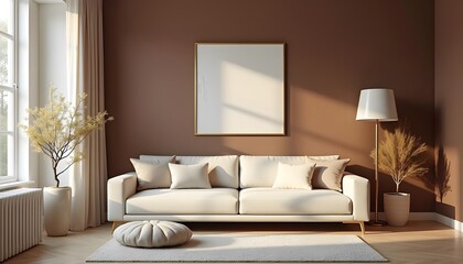 Modern contemporary living room with beige white sofa, a blank photo frame mock up, a floor lamp, and a green houseplant