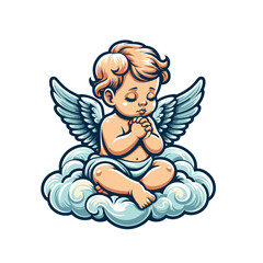 Fototapeta premium Adorable cherub sitting on a fluffy cloud, with wings and a peaceful praying pose. A cute and spiritual character illustration for decorative or religious themes. Isolated vector illustration