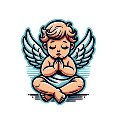 Fototapeta premium Cheerful cherub with wings in a meditative praying pose, glowing with serenity. A spiritual and artistic character illustration for decorative or creative themes. Isolated vector illustration.