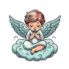 Fototapeta premium Sweet cherub with soft wings and a prayerful expression, sitting on a fluffy cloud. A serene and spiritual character illustration for celestial or decorative designs. Isolated vector illustration