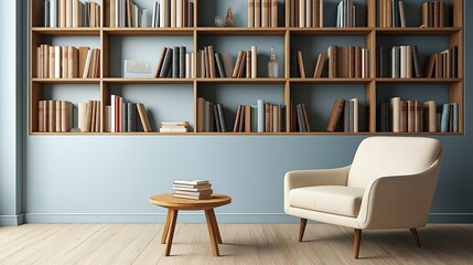 Modern living room with stylish built-in bookshelves. Light blue walls complement wooden furniture. Cream-colored armchair, small round wooden table situated in room. Books neatly arranged on