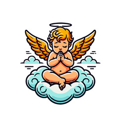 Fototapeta premium Vibrant cherub with golden wings and halo sitting on a cloud, praying peacefully. A joyful and artistic character illustration for celestial or festive themes. Isolated vector illustration