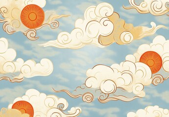 Fototapeta premium Japanese pattern with clouds and suns, in a golden yellow and orange-red color scheme, on a light blue background. 