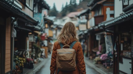 Fototapeta premium Woman exploring small town on foot during road trip