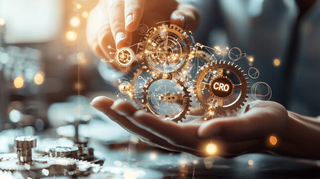 Ai-generated insights hand holding gears for cro optimization in business environment