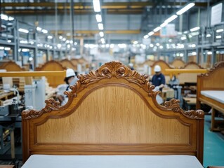Wooden headboard with a carved design is displayed in a factory