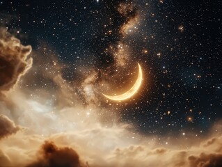 Fototapeta premium Dreamy Starry Night Sky Filled with Twinkling Stars and a Glowing Crescent Moon in a Mystical Setting