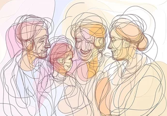 Continuous one line drawing. Happy family father and mother