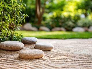 Serene Zen Garden with Raked Sand and Smooth Stones Surrounded by Lush Greenery for Peaceful Meditation