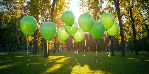 Bunch of green balloons are floating in the air in a park