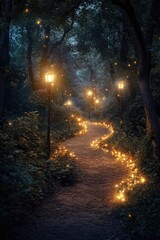 Fototapeta premium Path in a forest with lights on the ground