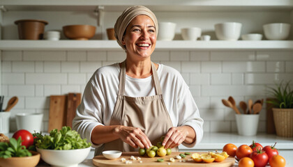 Smiling woman preparing vegetables in modern kitchen