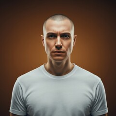 Fototapeta premium Male model, plain white t-shirt, simple casual style, studio lighting, brown background, photorealistic, high detail, clean composition, fashion photography, minimalist aesthetic, 8k resolution, comme