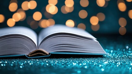 An open book with pages covered in sparkling, colorful dust, evoking a sense of magic