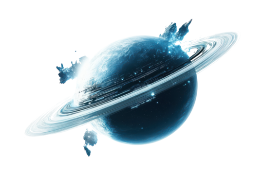 Futuristic Space Station Orbiting a Distant Planet with Enticing Rings in Deep Space