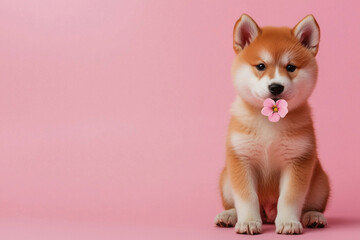 Obraz premium Akita holding a small heart-shaped flower, sitting on a pink background, postcard design with empty space for greeting. Valentine concept, veterinary