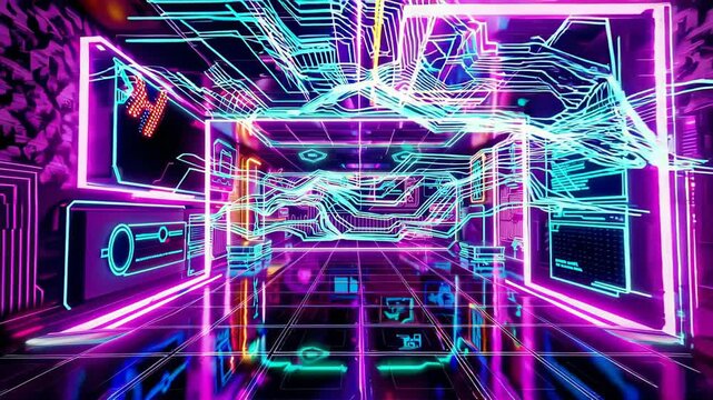 Futuristic neon grid with glowing shapes and digital elements in a virtual space