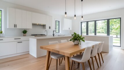 Fototapeta premium Modern kitchen with a large table and chairs