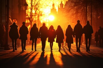 Fototapeta premium Friends enjoying a sunset stroll through a city park with long shadows cast by the setting sun