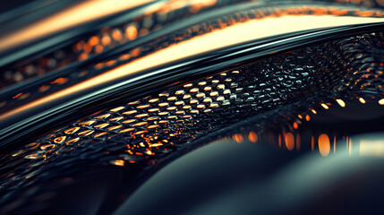 3D abstract architecture building curve lines wavy shape shimmering glass metal background glow texture pattern orange grey silver colors