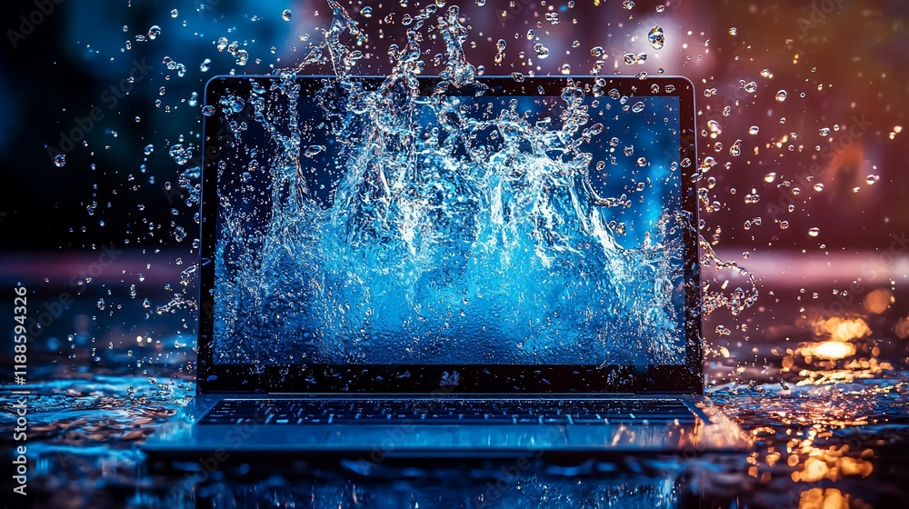 Poster laptop submerged in splashing water.