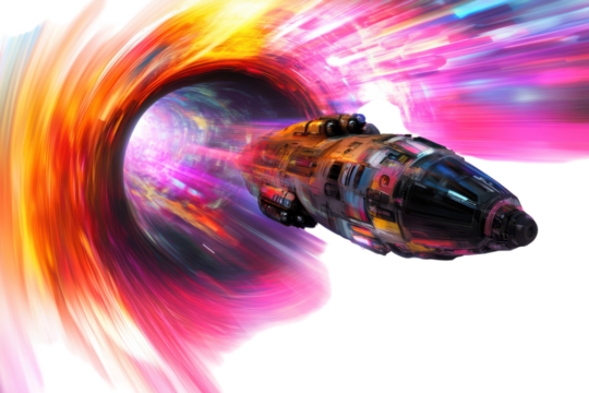 Futuristic spaceship soaring through a vibrant wormhole in deep space journey exploration