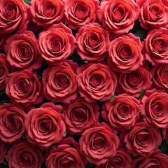 Naklejka premium Natural fresh pattern with red roses. Top view, wall background with red roses.